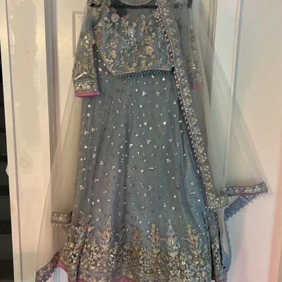 Dusty Blue Embroidered Net Lehenga - Lashkaraa - Picture 6 of 6